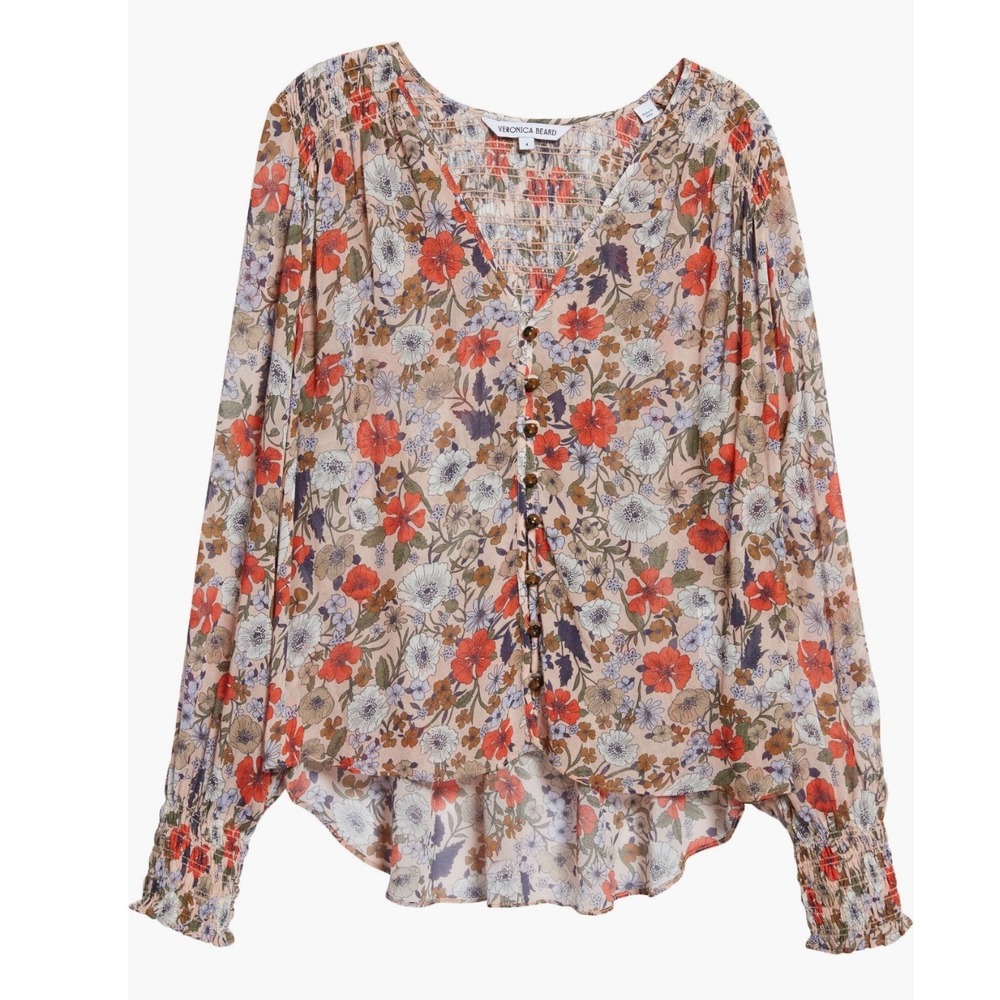 Veronica Beard Neha Floral Georgette Blouse Womens Smocked V-Neck Button Front‎